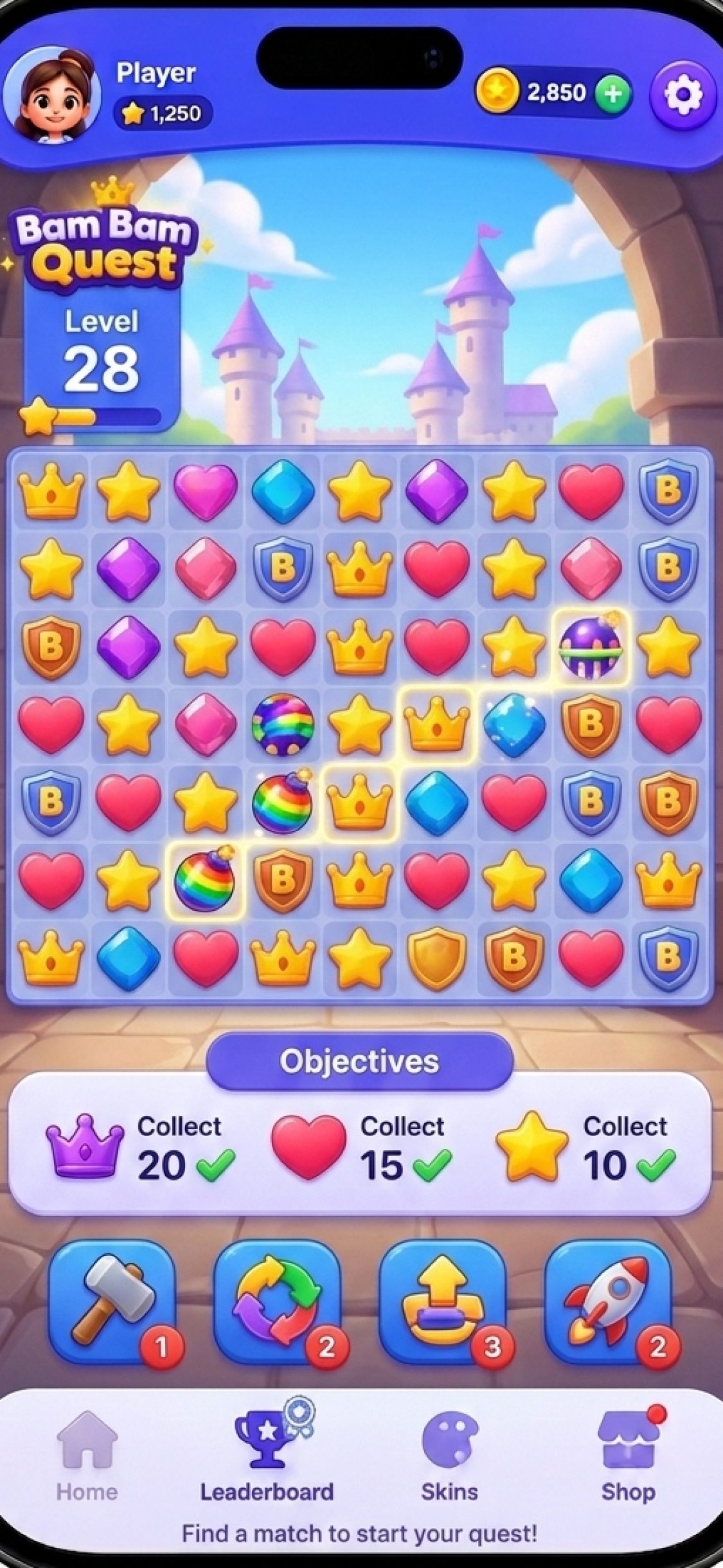 Bam Bam Quest game – Match-3 gameplay