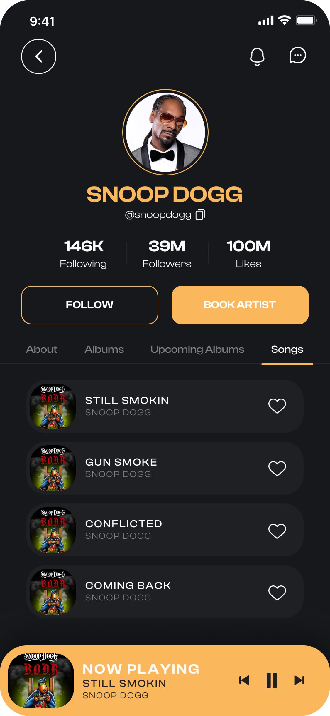 BeatDrop app – Artist profile, songs tab