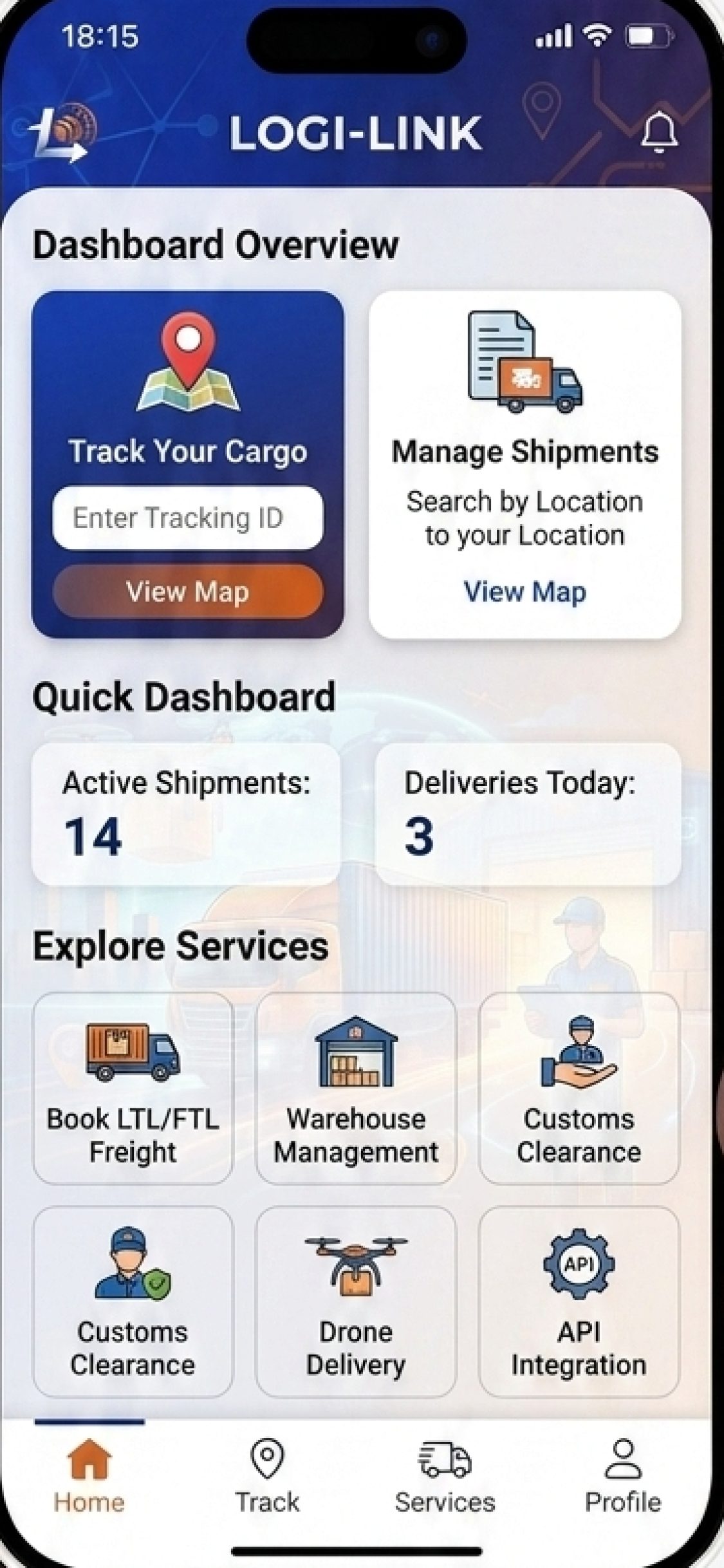 Logi-Link app – Dashboard overview